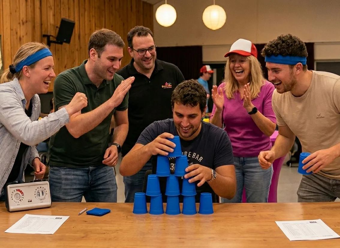 Team viert juichend een cup stacking uitdaging bij ClashRooms in Eindhoven