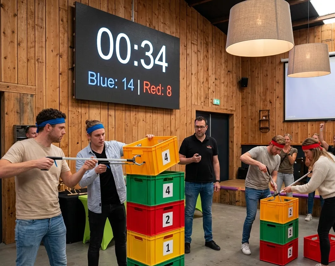 Twee teams spelen tegen elkaar in een blokkenstapel-spel met scorebord bij ClashRooms